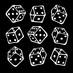 Black and white set with outline white colors game cubes in doodle style isolated on black. Perfect for create decor of kids playroom, textiles, weekend, packaging. Stay home, hobby time.