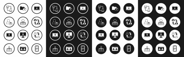 Set Video chat conference, Online working, Freelancer, Project team base, and Mute microphone laptop icon. Vector
