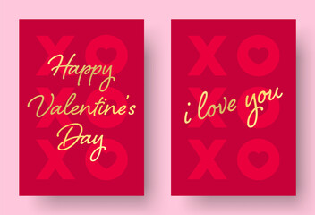 Valentines Day Card Designs. Set of Modern and Trendy Vector Design templates for Valentines Day Greeting Card. XO XO Typography Background with Gold Handwritten Style 'Happy Valentine's Day' Text