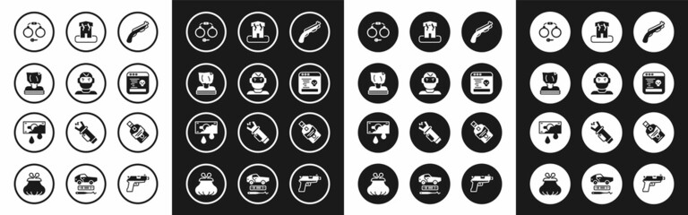 Set Police shotgun, Thief mask, Kidnaping, Handcuffs, System bug, Arson home, Whiskey bottle and Bloody money icon. Vector