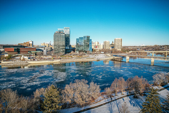 Aerial Drone View Of The City Of Saskatoon In Saskatchewan, Canada