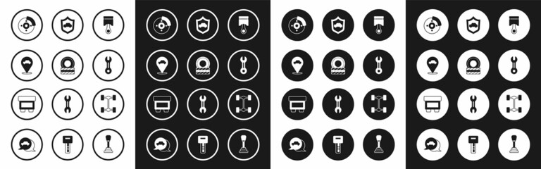Set Engine piston, Car tire wheel, Location with car service, brake disk caliper, Wrench spanner, shield, Chassis and Fuse icon. Vector