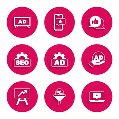 Set Advertising, Lead management, Laptop with star, Board graph chart, SEO optimization, Customer product rating and icon. Vector