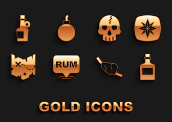 Set Alcohol drink Rum, Wind rose, Pirate eye patch, treasure map, Skull, and Bomb ready to explode icon. Vector