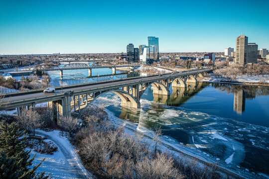 Aerial Drone View of the city of Saskatoon in Saskatchewan, Canada