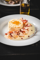 Perfect Seafood Menu Dish Plate Food Octopus Salmon, Shrimp Risotto Pasta Vegetables Salad Fish on a Dark Background