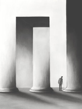Fototapeta Illustration of man inside a surreal building, optical illusion abstract concept