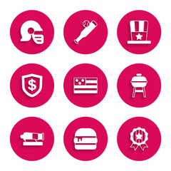 Set American flag, Burger, Medal with star, Barbecue grill, Cannon, Shield dollar, Patriotic top hat and football helmet icon. Vector