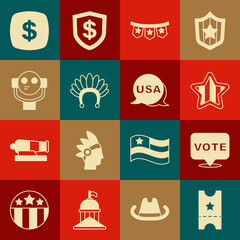 Set Baseball ticket, Vote, USA Independence day, Carnival garland with flags, Indian headdress feathers, Tourist binoculars, Dollar symbol and icon. Vector