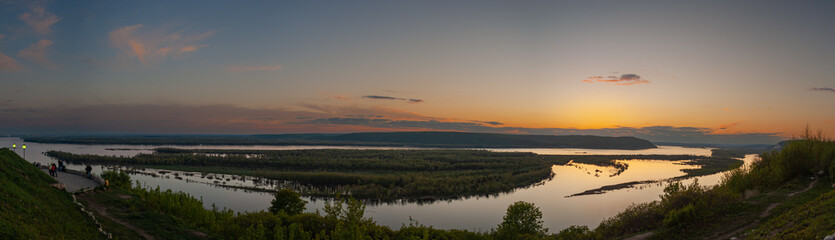 Panoramic view of the valley of the Volga river from the hill. Samara, Russia.