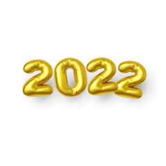 inflatable golden color balloons made of foil, numbers date 2022 filled with helium ballon on ribbon isolated on white background. Happy new year 2022 holiday. Happy new year congratulation concept.
