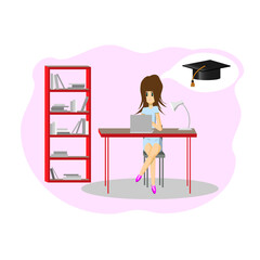 Girl engages online remotely.  Female student or business person character sitting at desk engaged in remote job, online education. 