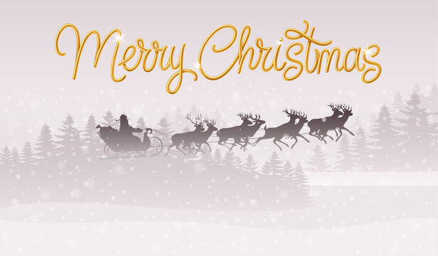 Silhouette of Santa Claus Flying on a Sleigh Pulled by Reindeer, Over Christmas Winter Forest. Merry Christmas and Happy New Year Greeting Card