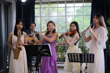 classic musical song student are learning to play a music instrument in sound studio musician class