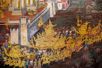 Fragment of a fresco with scene from the Ramakien at Wat Phra Kaew or Emerald Buddha Temple a tourist landmark in Bangkok, Thailand