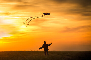 Flying a kite. The boy runs across the field with a kite. Bright, orange sunset.