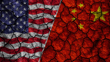 Trade war between United states of america versus China . flag on cracked wall background . Confliction and crisis concept .