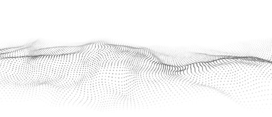 Abstract white wave with moving dots. Flow of particles. Cyber technology illustration. Vector illustration.