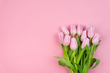 Bouquet of pink tulips on a pink background. Romantic concept. Valentine's Day, Women's Day, Mother's Day, Birthday. Copy space. Top view