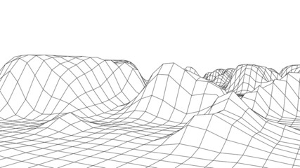 Technology wireframe landscape. Futuristic polygonal terrain background. Digital vector illustration. Retro design.