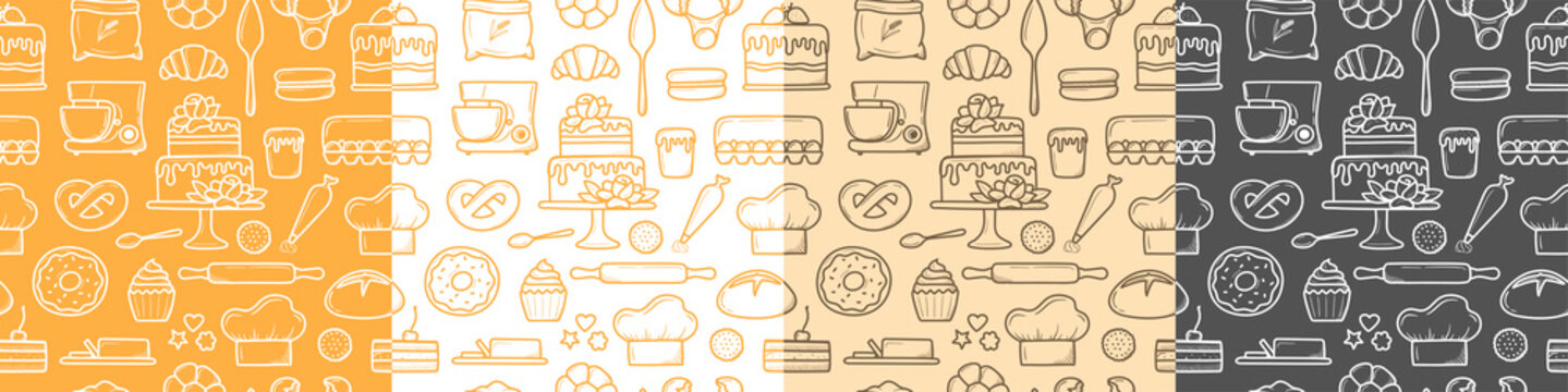 Bakery and dessert pattern in trendy linear style - seamless pattern with linear icons related to bakery, cafe, cupcakes and logo design templates