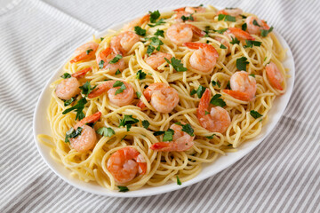 Homemade Shrimp Scampi with Pasta, side view.