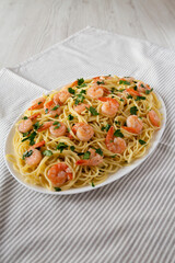 Homemade Shrimp Scampi with Pasta, side view.
