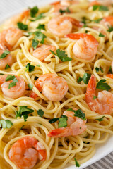 Homemade Shrimp Scampi with Pasta, side view. Close-up.