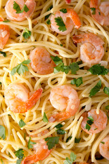 Homemade Shrimp Scampi with Pasta, top view. Flat lay, overhead, from above. Close-up.