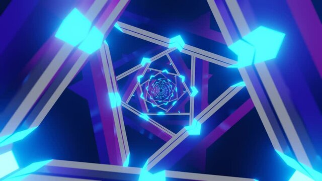 Sci-Fi abstract Advanced Technology Portal 3d rendering. Template of Triangle Neon glow blue-purple Tunnel Loop. Abstract flying in Modern zoom neon lighting futuristic metal corridor with triangles.