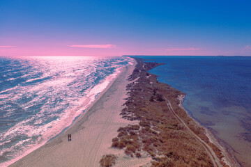 Seascape top view of the estuary and sea shore. Ukraine, Europe