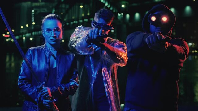 Cyberpunk gang in futuristic science fiction neon city