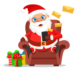 Santa Claus sits in a chair and receives messages, character. Merry christmas