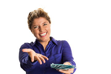 Happy woman in a blue shirt offers money loan. Brazilian girl with a wide smile reaches out with a...