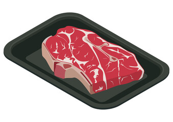 Fresh beef steak in a plastic container, isometric view. 7-Bone steak. 3D rendering. Vector illustration.