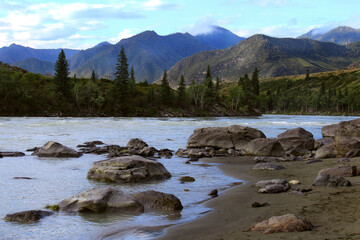 A river with large stones on the shore and in the water in an alpine gorge in Altai, around mountain ranges with fir trees, sandy shore, sky with clouds, summer, dawn