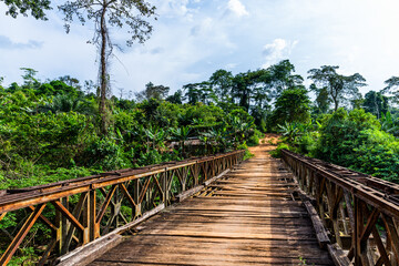 Naklejka na ściany i meble wooden bridge over the river Omo, located in Omo forest Reserves in Ogun State of Nigeria.