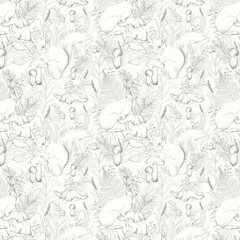 Digital seamless pattern with forest animals landscape with rabbit and squirrel twigs mushrooms leaves Graphic animals black and white with line art on white background in JPEG format hand drawn