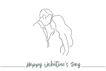 Continuous line of men and women show their love, kiss Valentine's Day Love Thailand vector illustration, hand-drawn lines, simple wedding couples.
