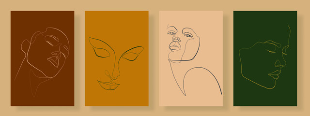 Continuous line, drawing of set faces and hairstyle, fashion concept, woman beauty minimalist, vector illustration