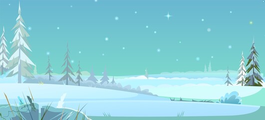 Wide rural night landscape in winter. Fields in the snow and drifts. Strong frost. Starry sky. Rustic garden and hills. Pine trees. Illustration in cartoon style flat design. Vector
