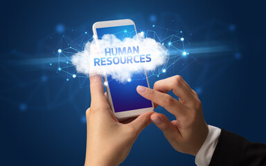 Hand using smartphone with cloud business concept