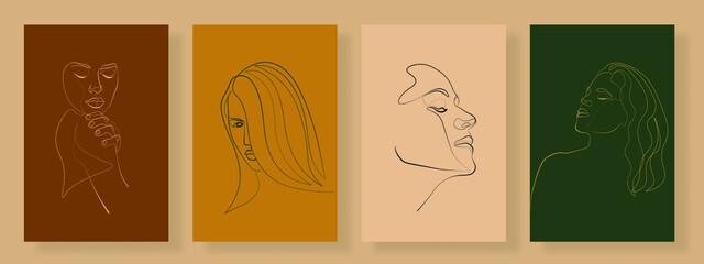 Continuous line, drawing of set faces and hairstyle, fashion concept, woman beauty minimalist, vector illustration