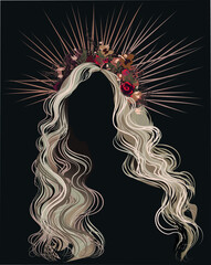 Vector illustration. A portrait template with beautiful wavy hair, a flower wreath and a halo crown without a face. On a dark background