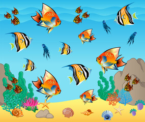Underwater panorama. Sea underwater, cartoon fish swimming in the ocean, deep coral reef and sand, panoramic vector illustration background