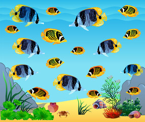 Underwater panorama. Sea underwater, cartoon fish swimming in the ocean, deep coral reef and sand, panoramic vector illustration background