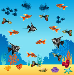Underwater panorama. Sea underwater, cartoon fish swimming in the ocean, deep coral reef and sand, panoramic vector illustration background