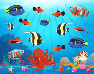Underwater panorama. Sea underwater, cartoon fish swimming in the ocean, deep coral reef and sand, panoramic vector illustration background