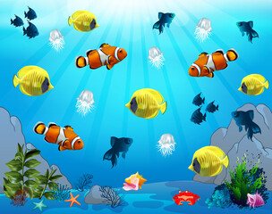 Underwater panorama. Sea underwater, cartoon fish swimming in the ocean, deep coral reef and sand, panoramic vector illustration background