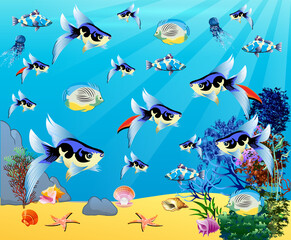 Underwater panorama. Sea underwater, cartoon fish swimming in the ocean, deep coral reef and sand, panoramic vector illustration background